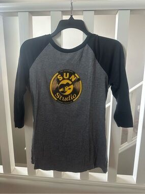Sun City Records Women's Raglan Tee - Gray & Black with Yellow Logo